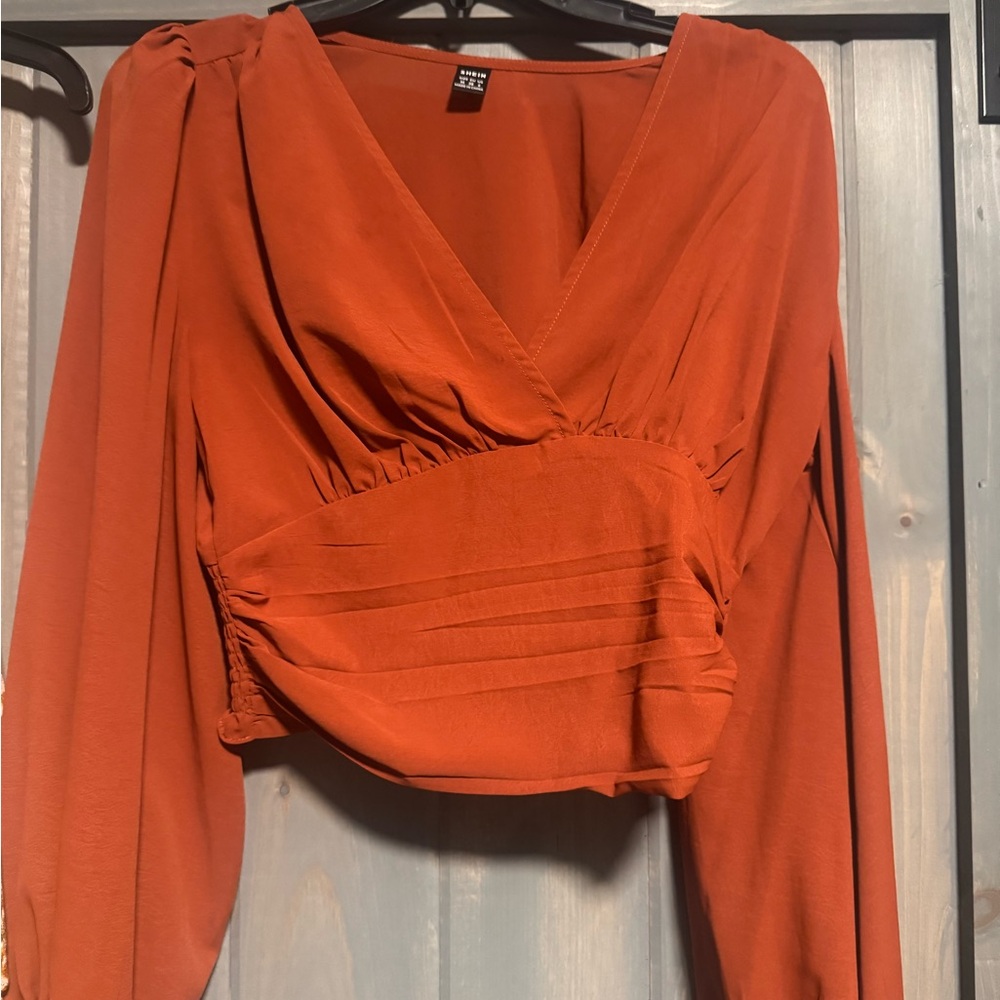 SHEIN Orange Ruched Wrap Blouse Long Sleeve